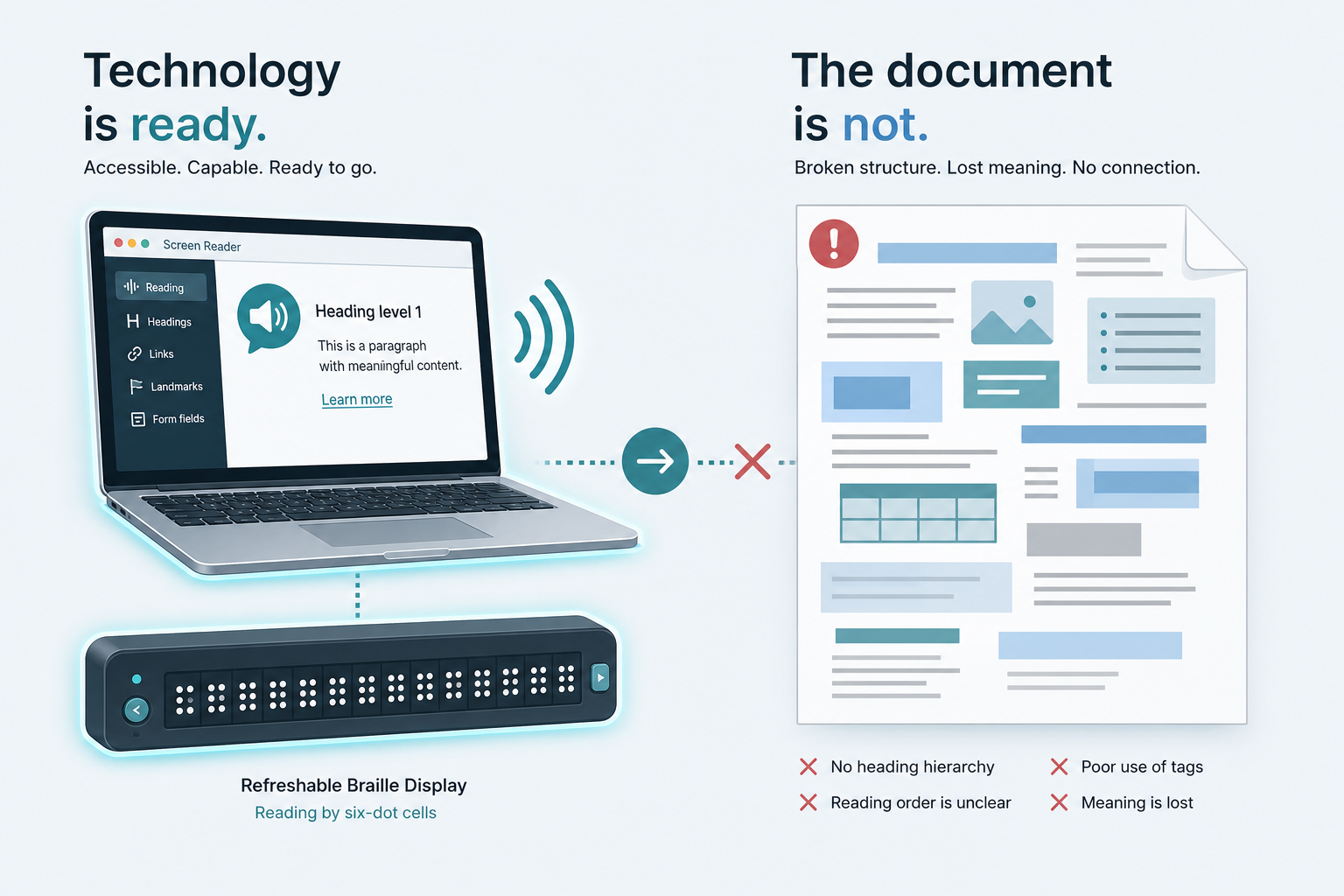 A capable screen reader and refreshable Braille display shown ready, next to a document with broken structure and no heading hierarchy that fails to feed them.