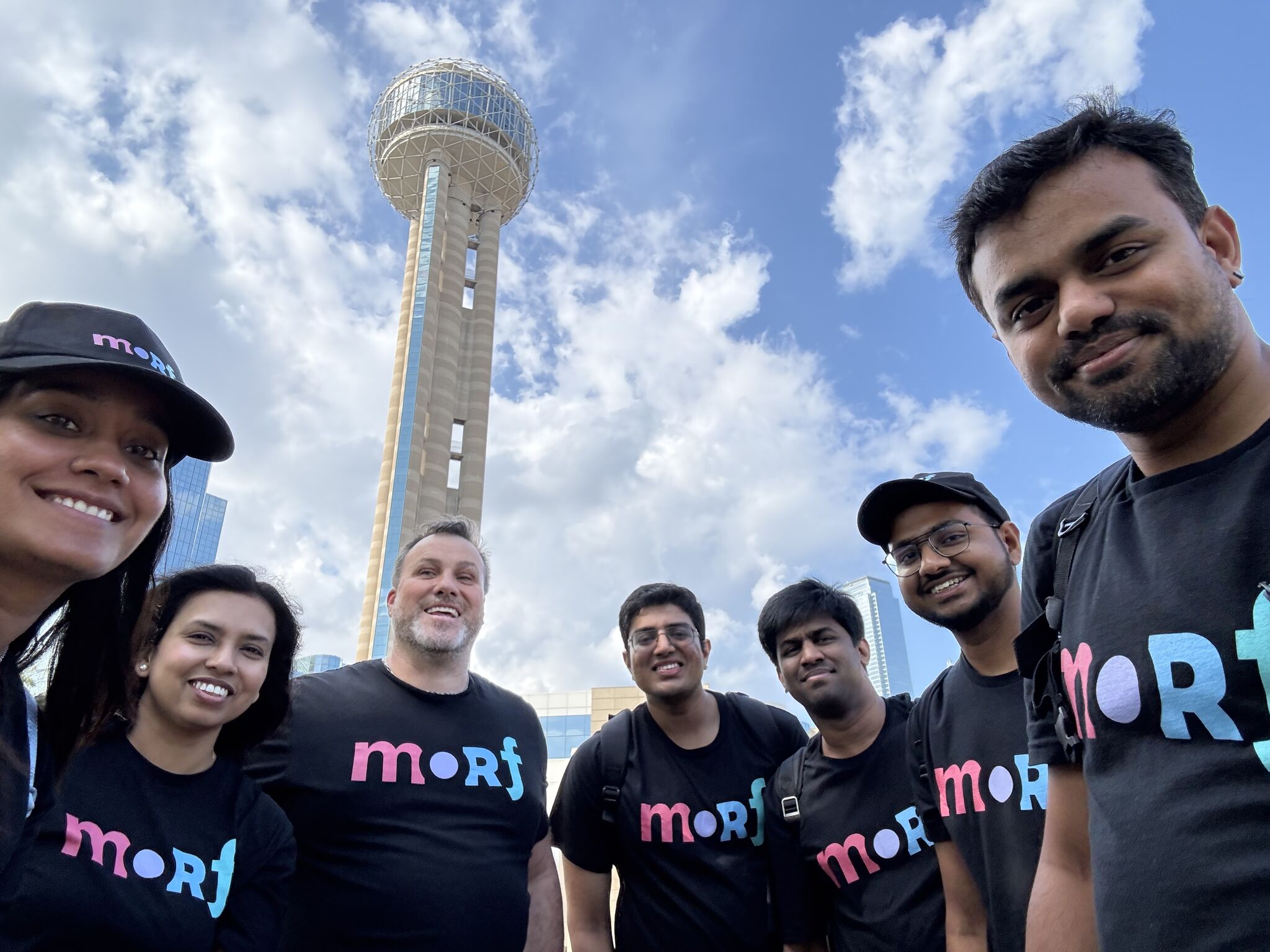 Morf team wearing branded shirts outdoors